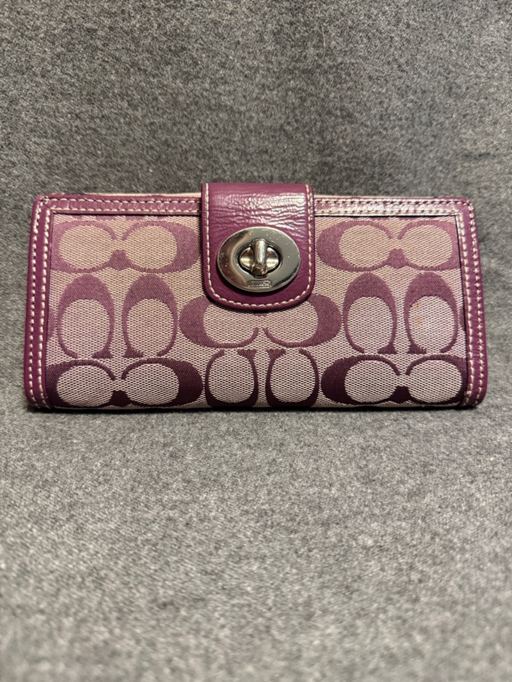 Coach Plum Signature Canvas Turnlock Wallet with Leather Trim